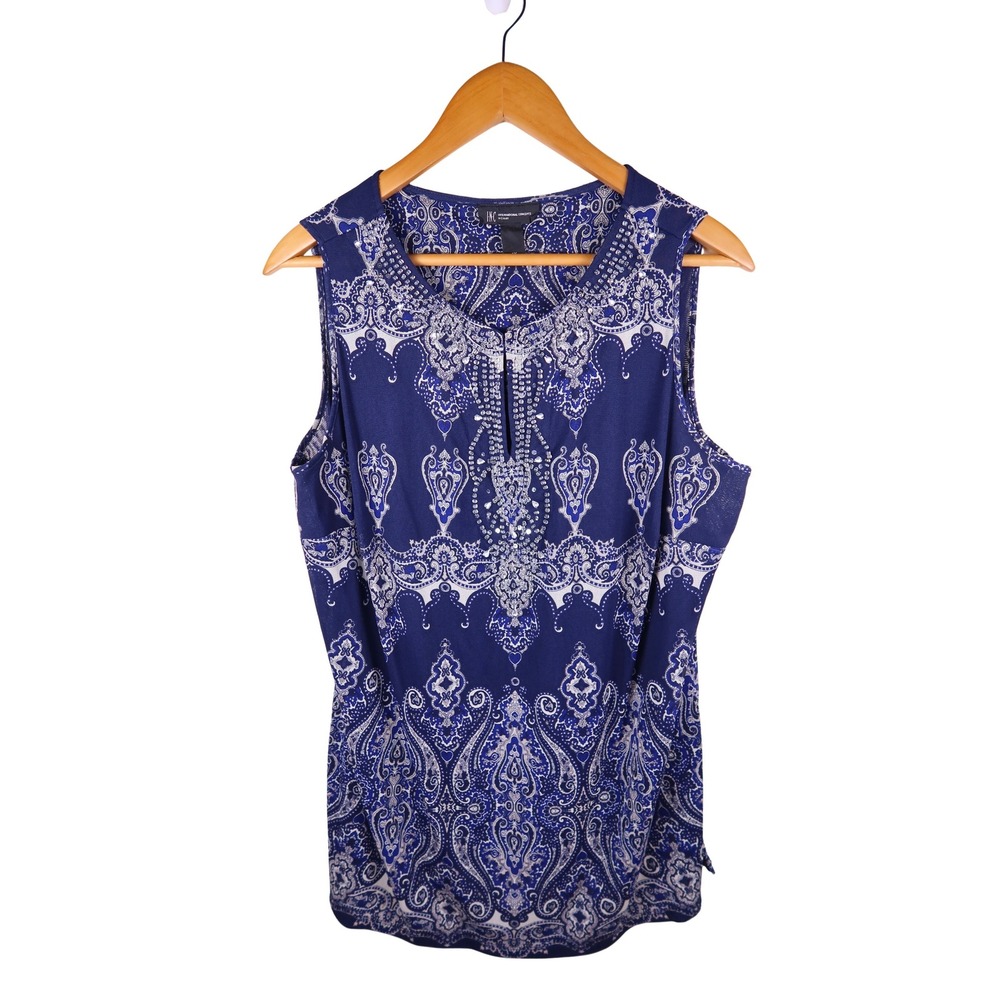 INC International Concepts Blue Paisley Rhinestone Sleeveless Top Blouse